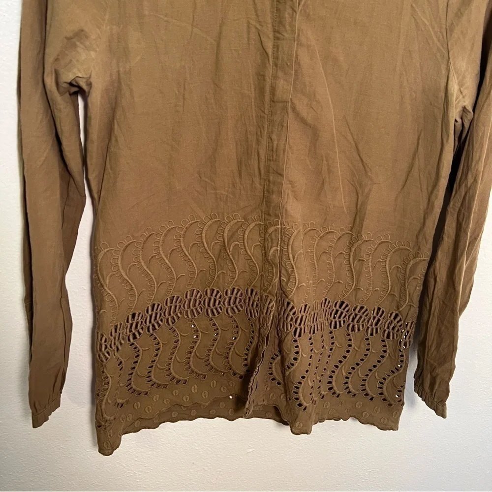 J. Crew Women's Sz 0 Delaney Eyelet-Trim Shirt Spiced Olive Green Tan Collarless